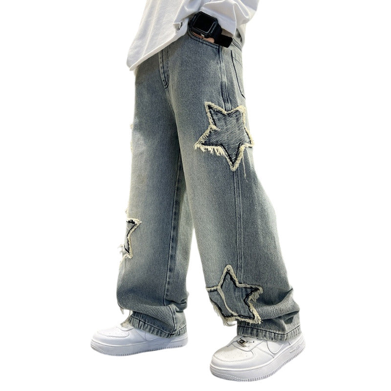American Embroidered Patch Design Straight Loose Children's Pants