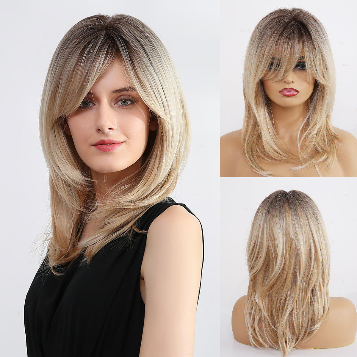 Women's Gradient Golden Bangs Fiber Rose Net Long Straight Wig
