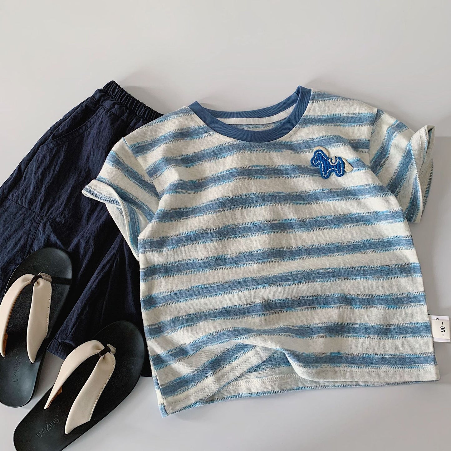 Children's Short-sleeved Summer Korean Style Striped Pony Round Neck Pullover Children's T-shirt