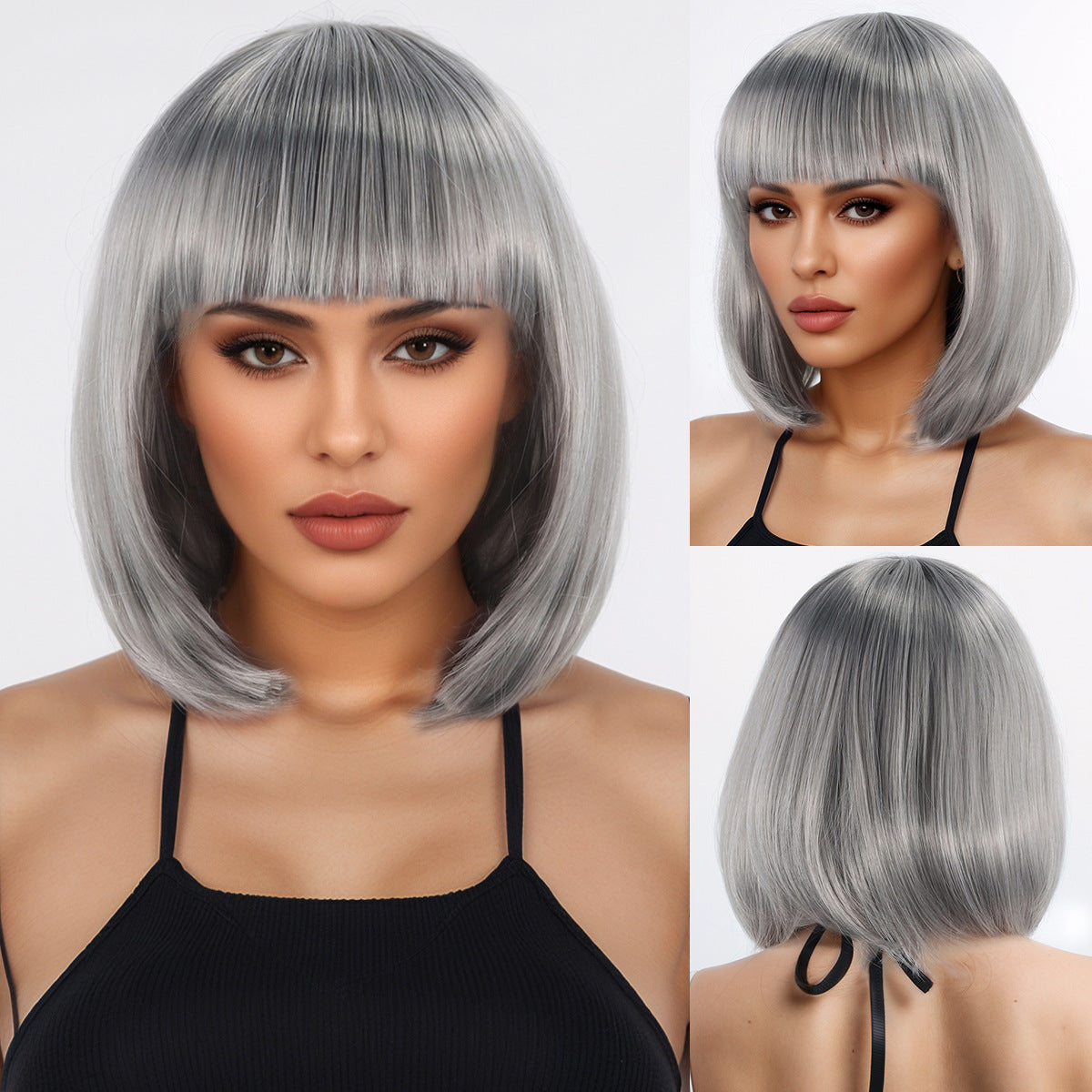 Women's Sier Gray Pullover Air Bangs Temperamental Wig Short Straight Hair