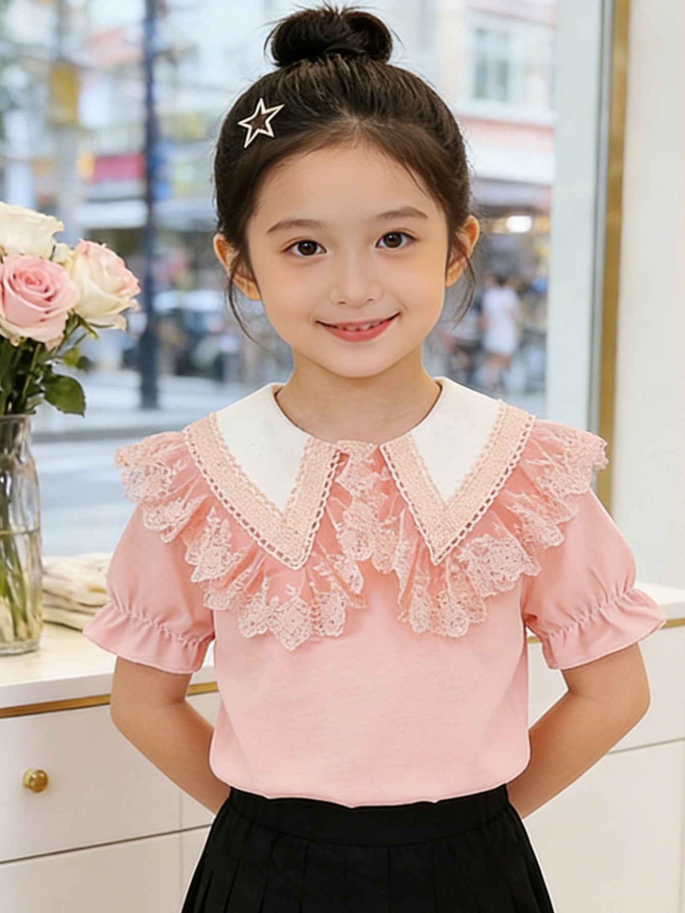 Children's Ice Porcelain Cotton Short-sleeved Shirt Summer Little Lace Collar Children's T-shirt