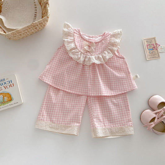 Children's Small Left Right Summer Korean Style Bow Doll Shirt Pants Children's Suit