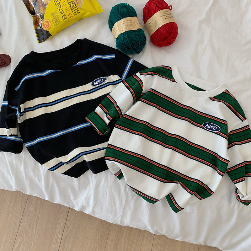 Children's Striped Contrast Color Fashionable T-shirt Long Sleeve Loose Casual Top Children's Shirt