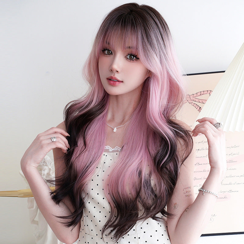 Women's Coffee Pink Gradient Headgear Chemical Fiber Wig Long Curls