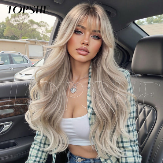 Women's Fashionable Vigorous Bangs Gradient Golden Water Ripple Curly Wig Long Curls