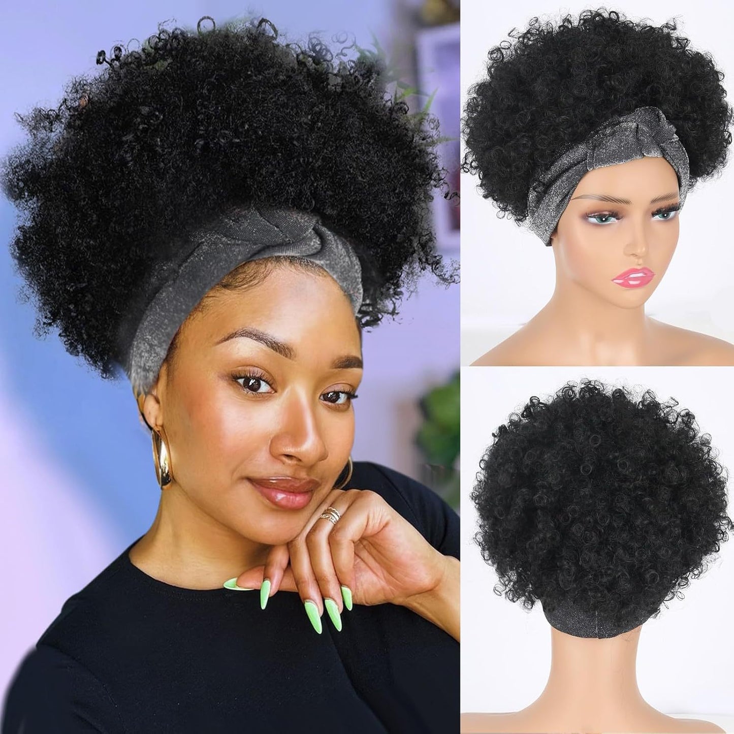 Women's African Fashion Black Small Turban Head Cover Hand Wrap Wigs Wig Short Curly Hair