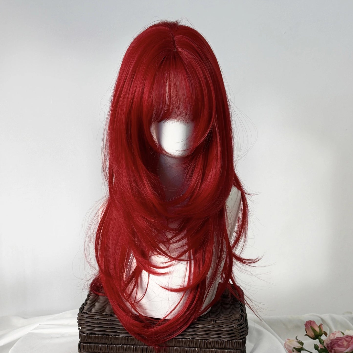 Women's King Red Bangs Hair Layered White Artificial Scalp Full Long Straight Wig