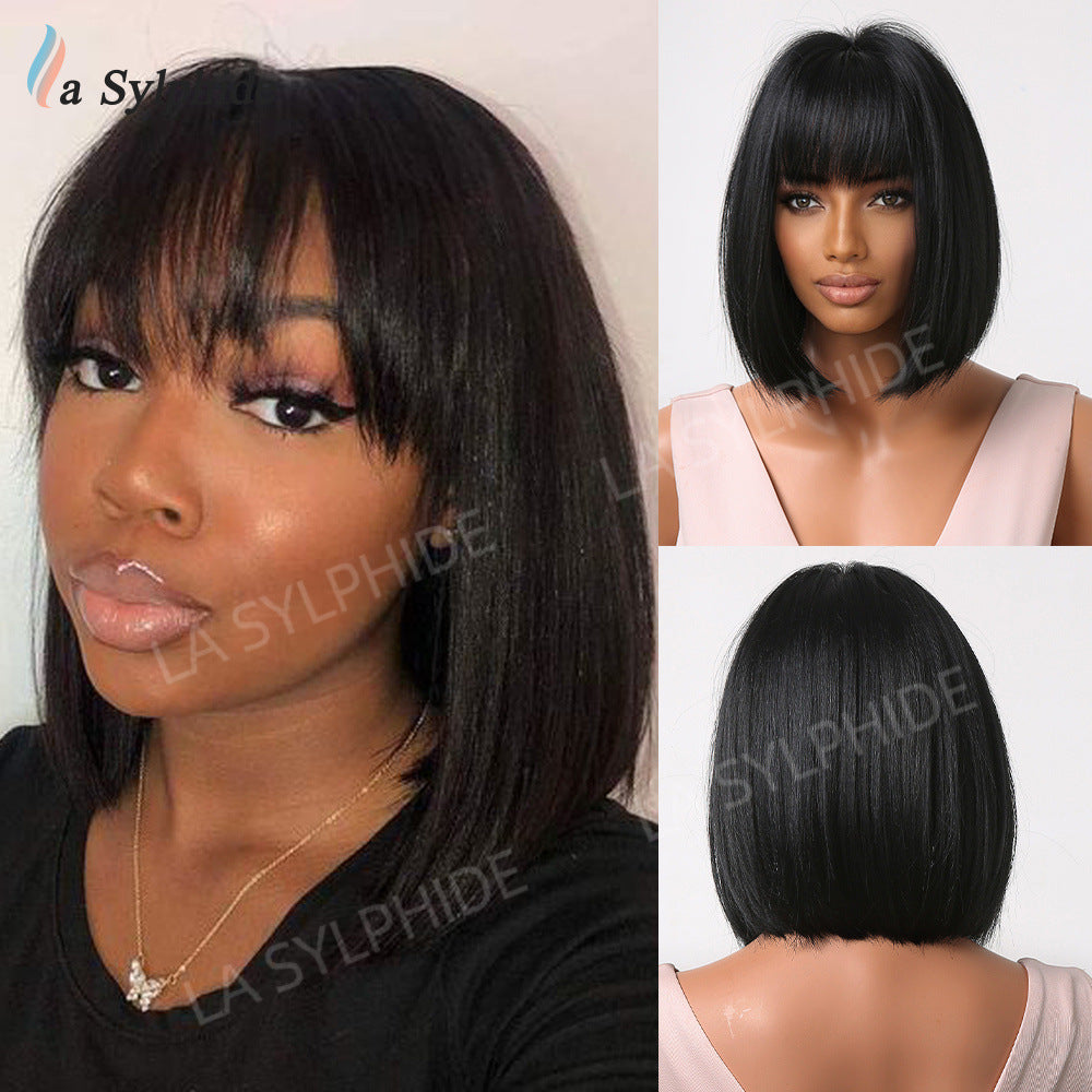 Women's Bangs Brown Gradient Sier Head Daily Wig Short Straight Hair