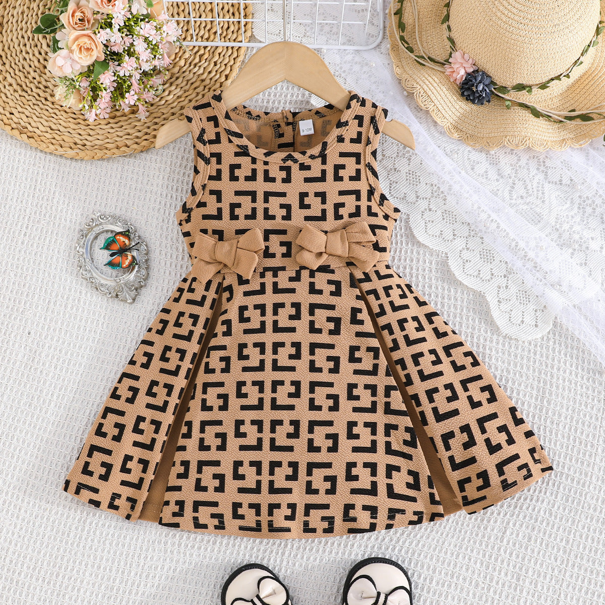 Fashion Geometry Pattern Bow Decoration Sleeveless Children's Dress