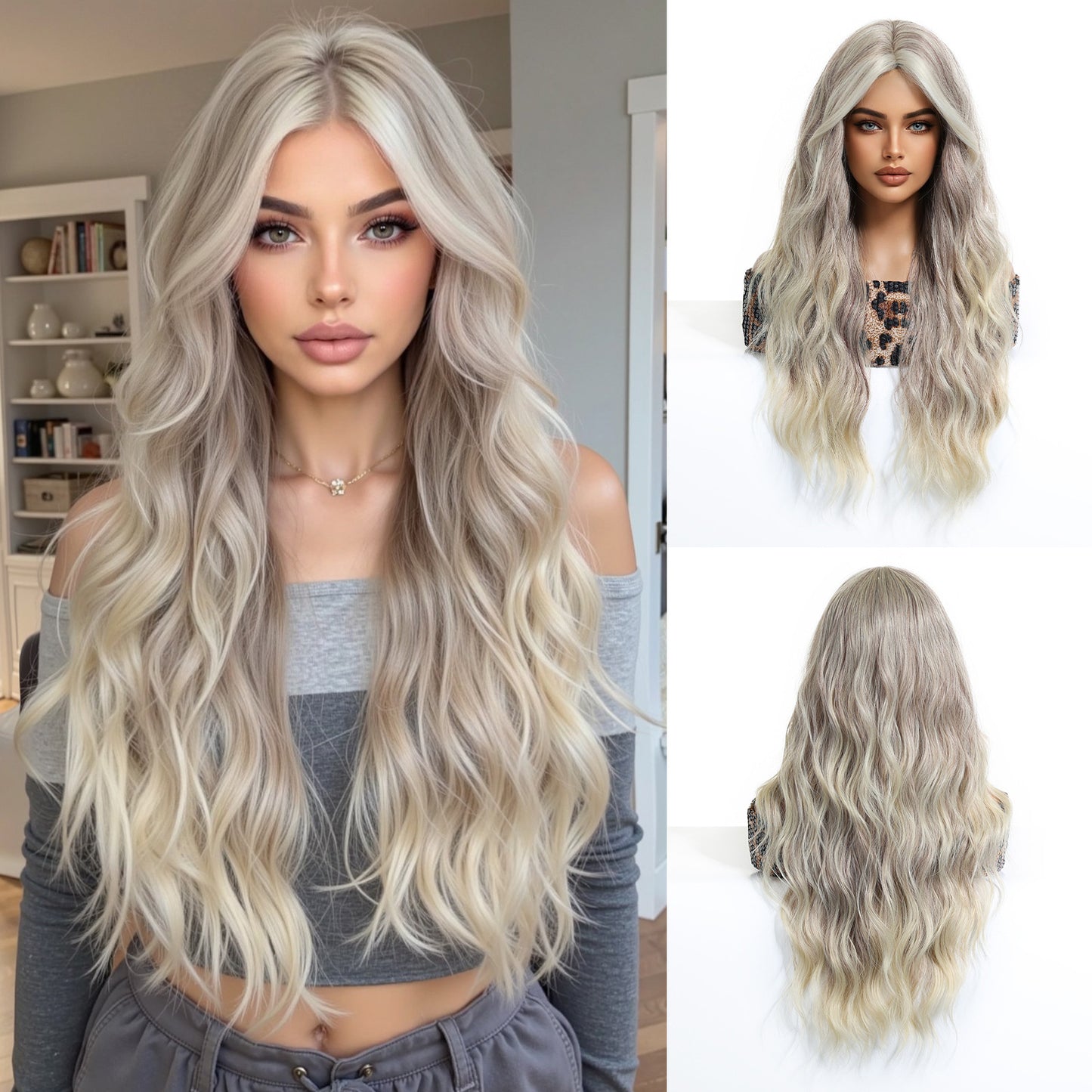 White Gold Color Highlight Big Wave Curly Hair Wig Long Curls