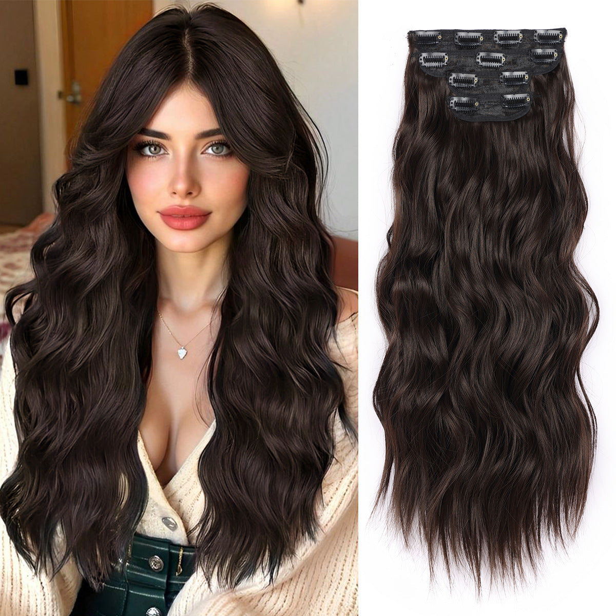 Women's Set Water Ripple Hairpiece Clip Fiber Wig