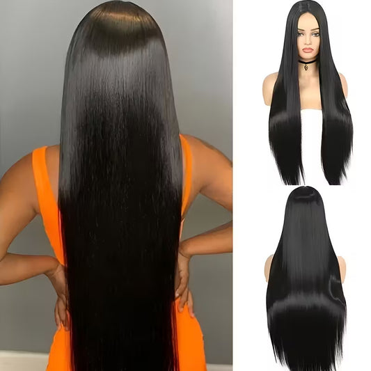 Women's Black Chemical Fiber Button Net African Medium Long Straight Wig