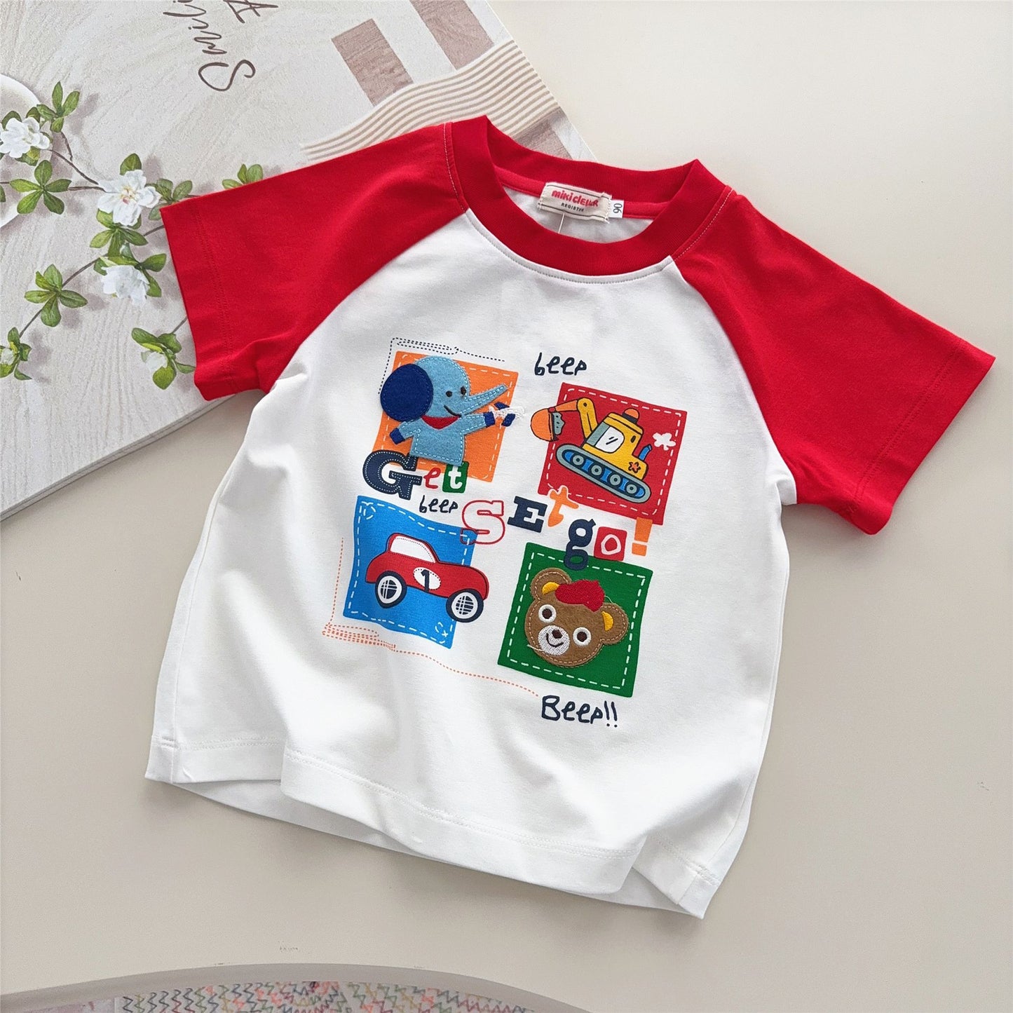 Children's Wear Style Boys Bear Excavator Raglan Short Sleeve Shirt Children's T-shirt