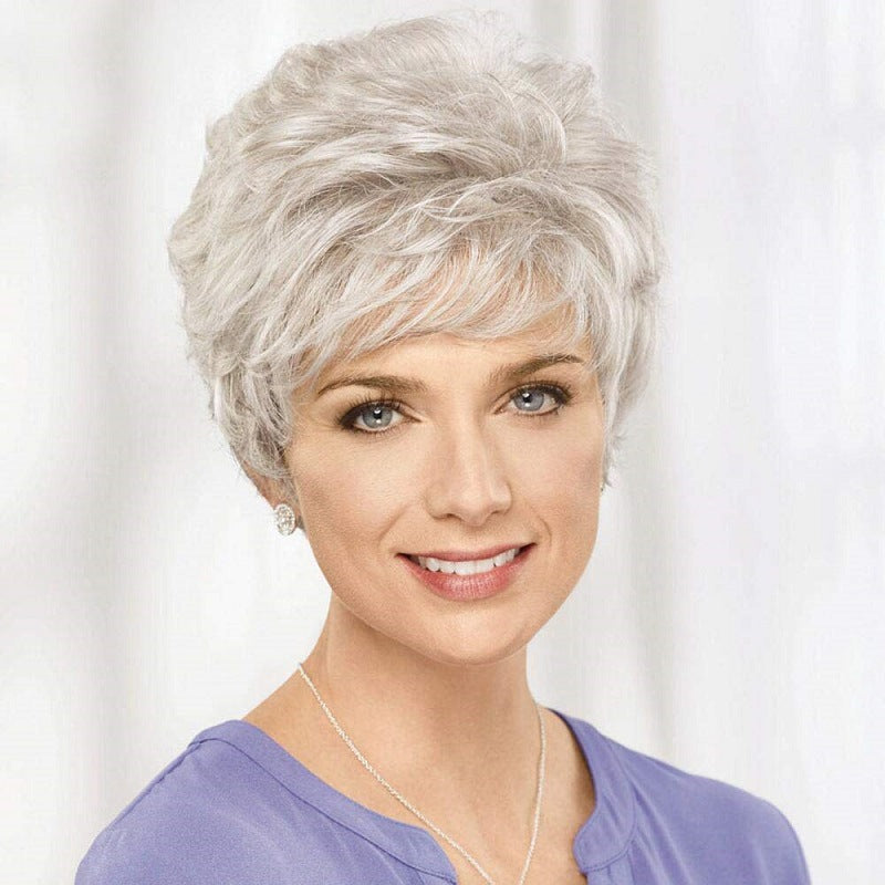 Women's Fashion Sier Gray Fluffy Face Shaving Wig Short Curly Hair