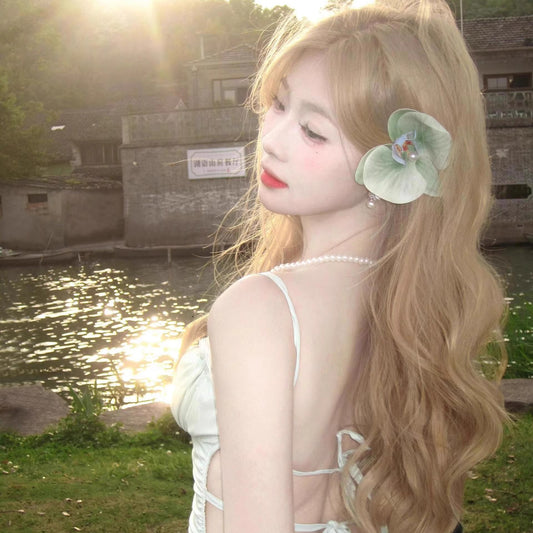 Women's Hair White Gold Color Mid-length Bangs Wig Long Curls