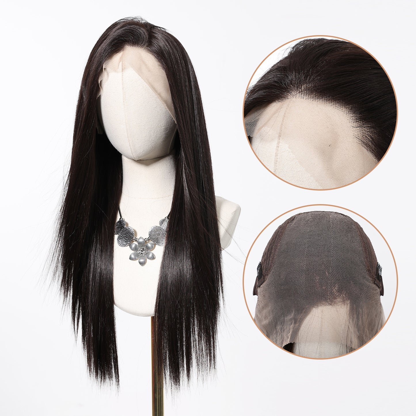 Imported Silk Black Lace Female Free Seam Breathable Long Straight Wig