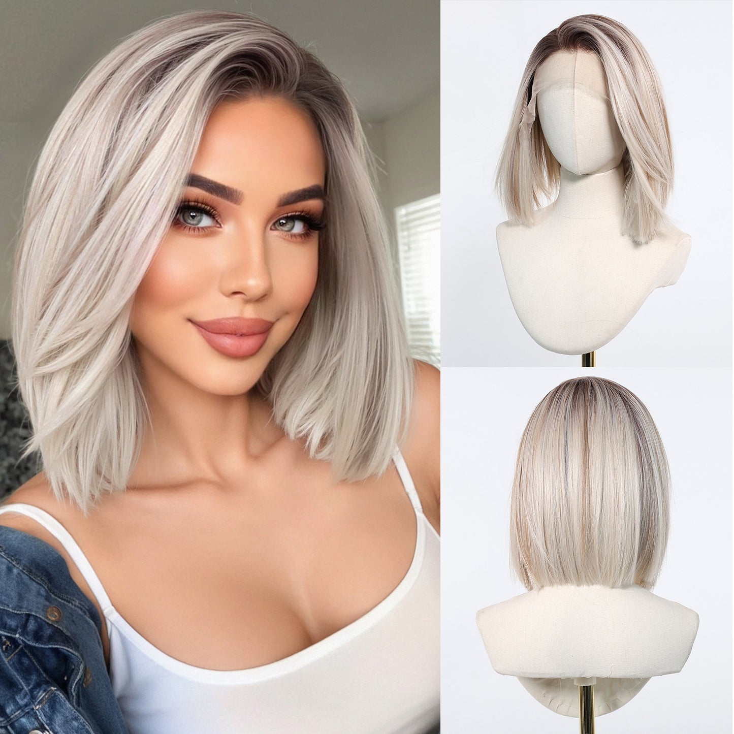 Women's Large Area Lace Hand-woven Mixed Dyed Golden Wig Short Straight Hair