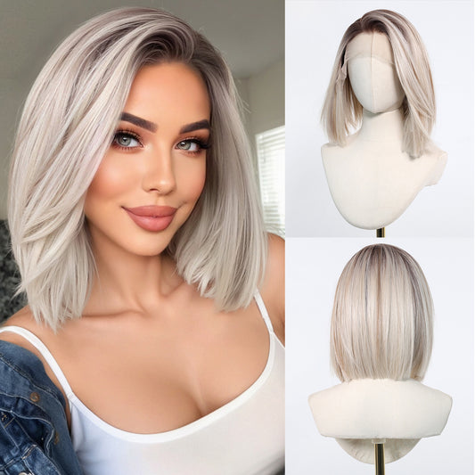 Women's Large Area Lace Hand-woven Mixed Dyed Golden Wig Short Straight Hair