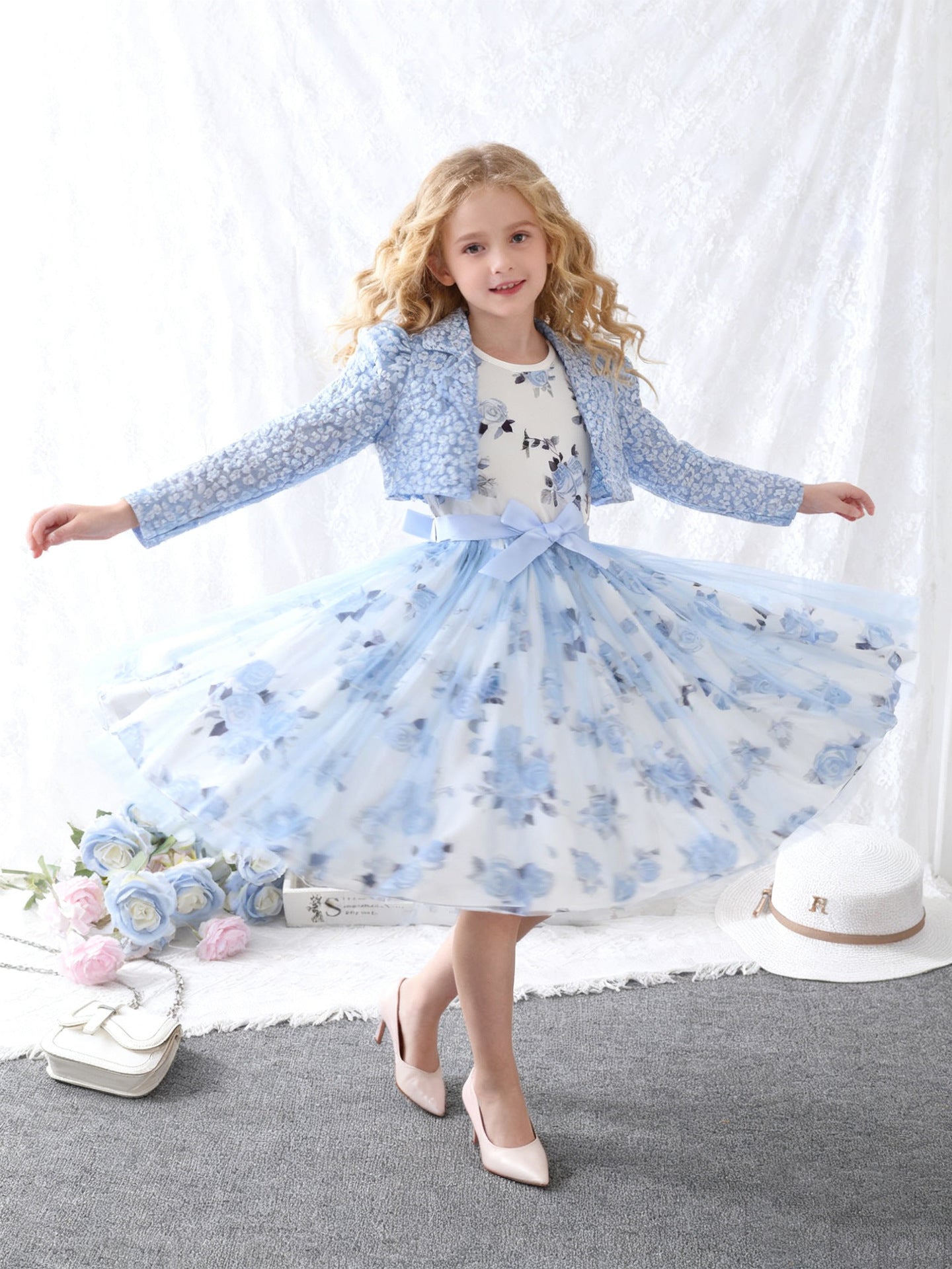 Children's Dress Sky Blue Rose Vest Classic Style Turn-down Collar Coat Children's Suit