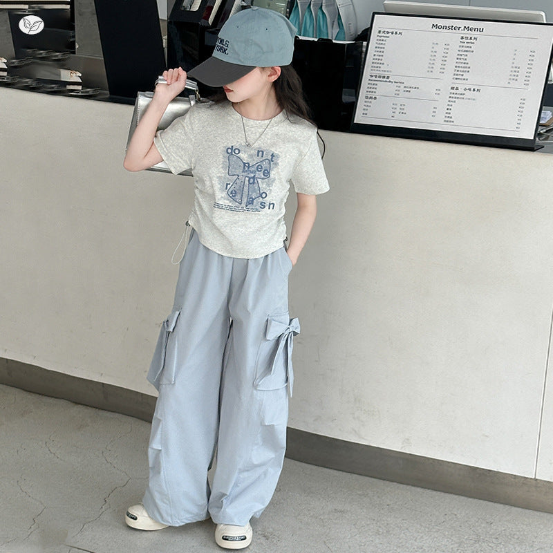 Overalls Medium Big Drawstring Bow Short Sleeve Wide Leg Pants Children's Suit