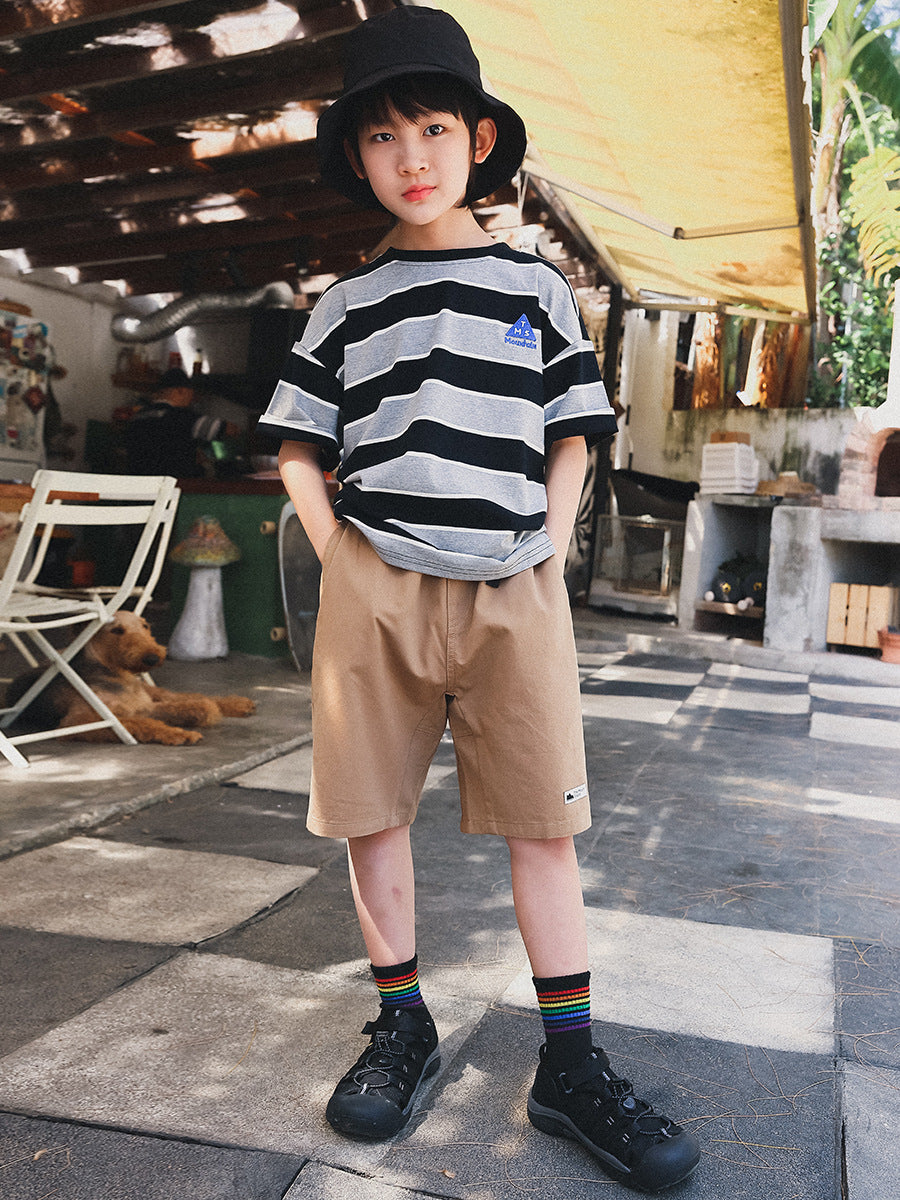 Children's Striped Short-sleeved Summer Loose Soft Half-sleeved Middle Big Round Neck Children's T-shirt