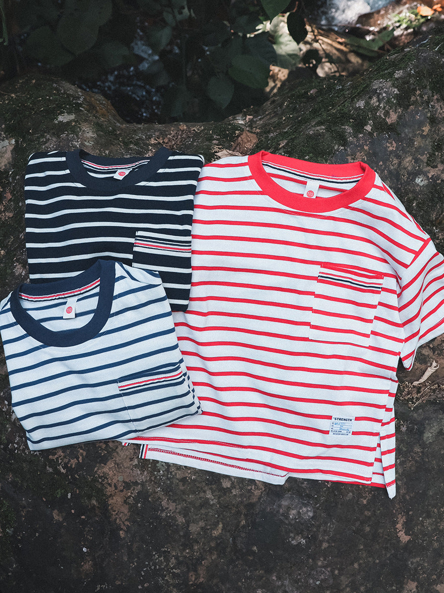 Men's & Children's Striped Short-sleeved Shirt Summer Medium Big Double Yarn Cotton Children's T-shirt