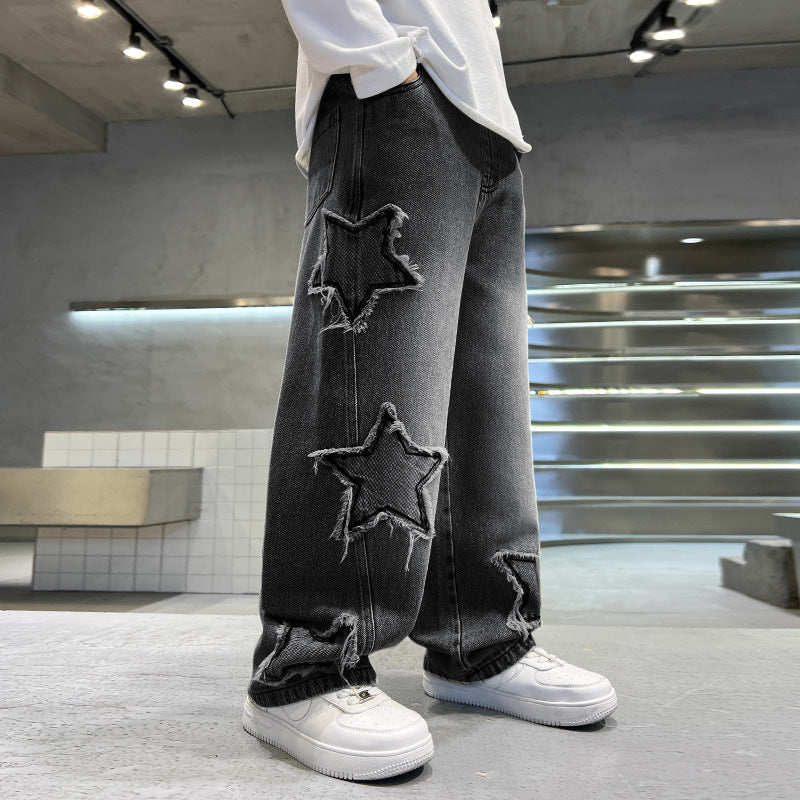 American Embroidered Patch Design Straight Loose Children's Pants