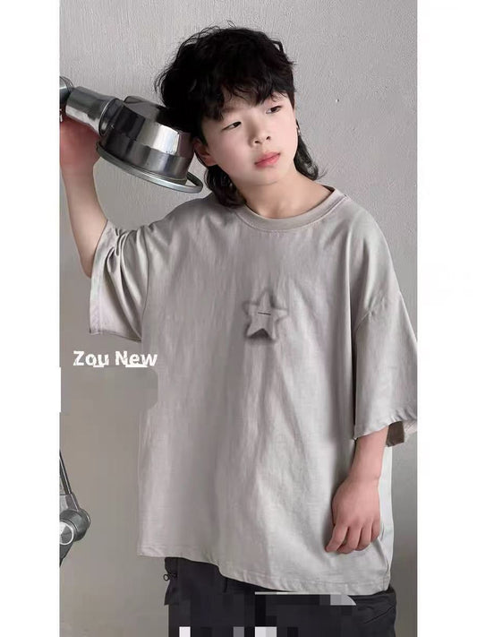 Summer Light Green Korean Style Round Neck Short Sleeve Medium Children's T-shirt