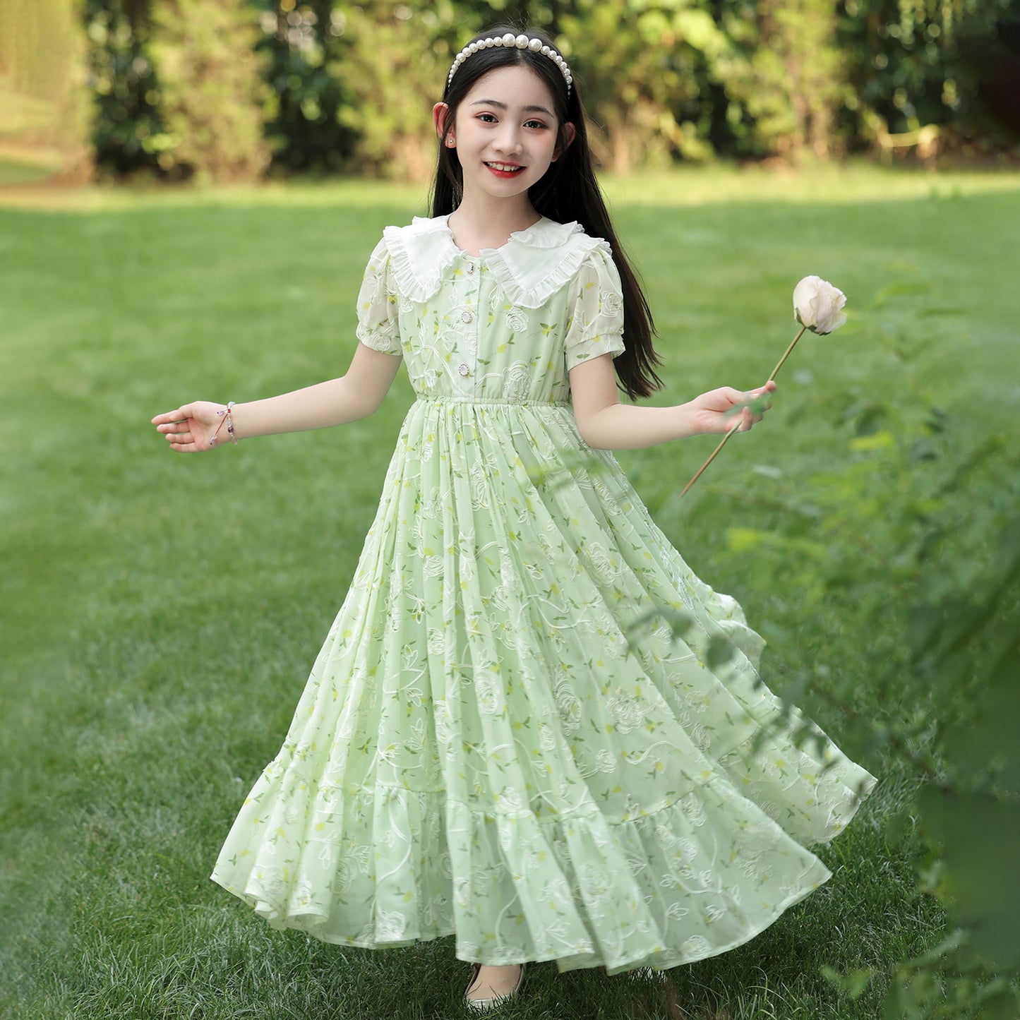 Children's Summer Princess Western Style Medium Big Floral Children's Dress