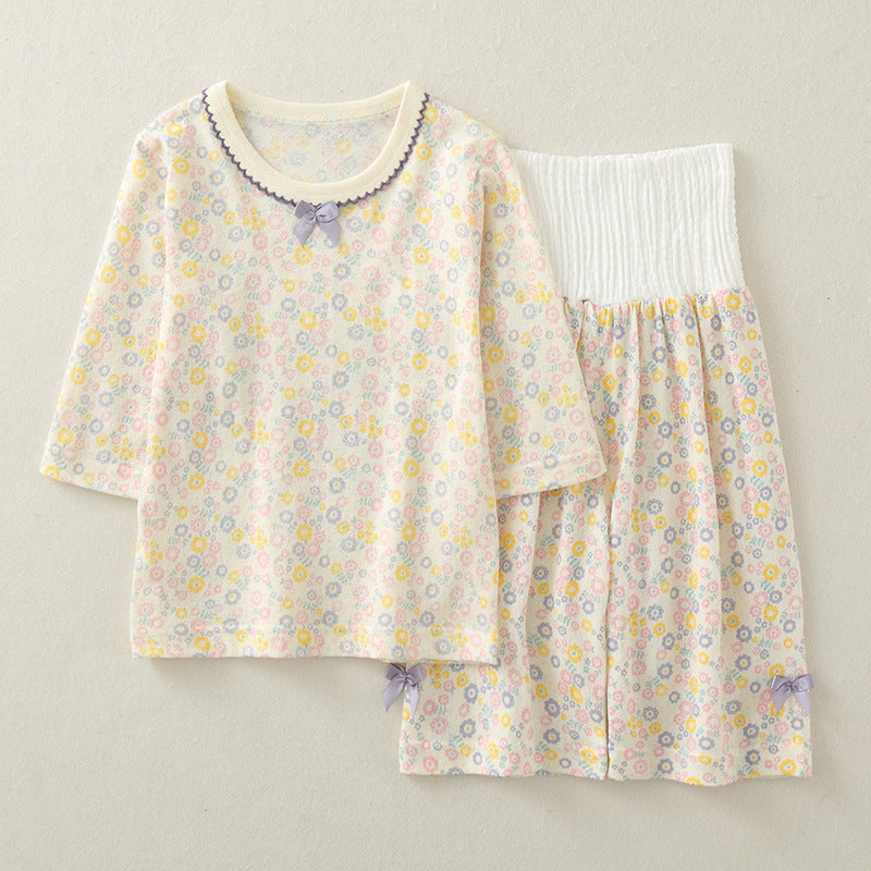 Children's Summer Three-quarter Sleeve High Waist Belly Protection Floral Thin Breathable Children's Suit