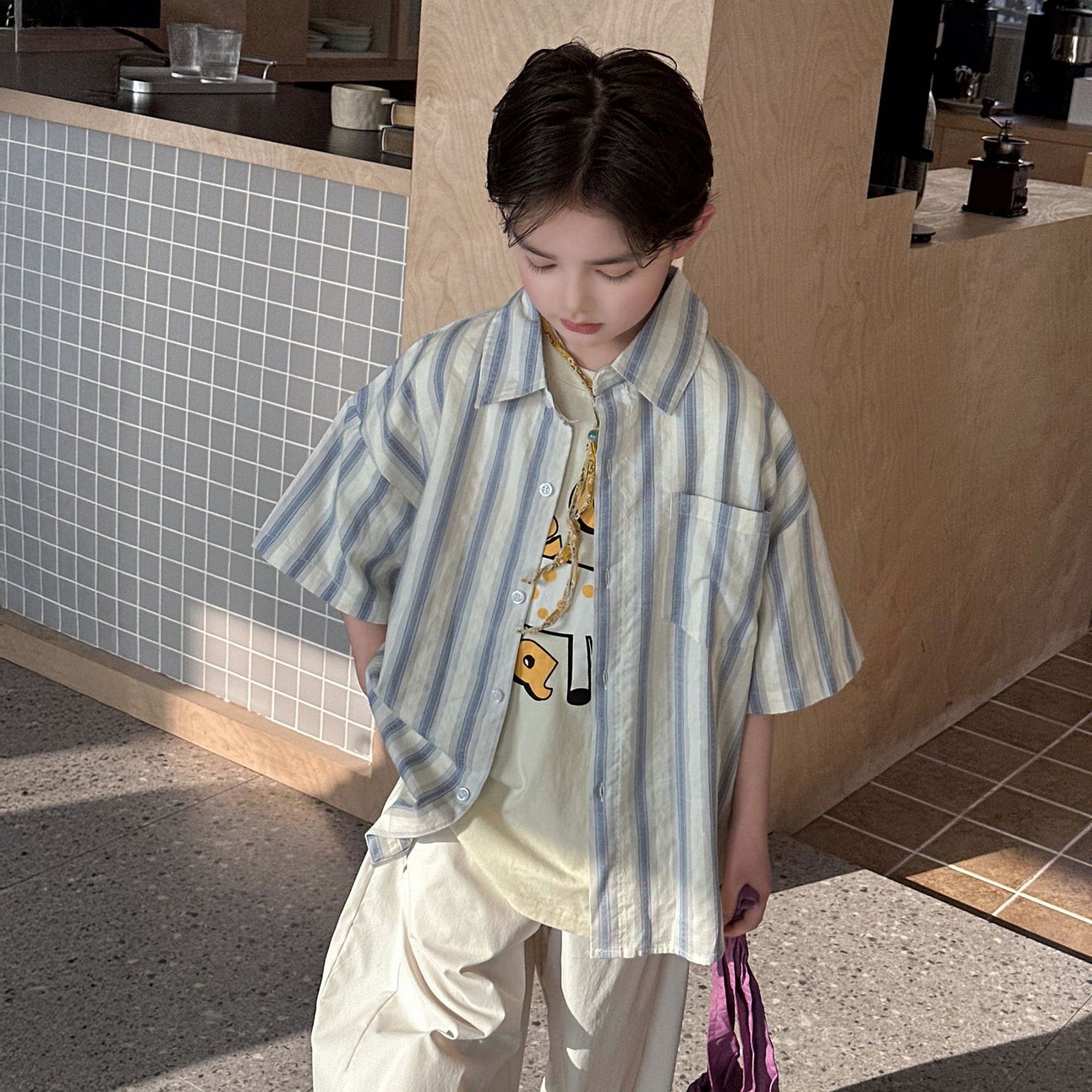 Children's Summer Cotton Short-sleeved Striped Korean Loose Woven Children's Shirt