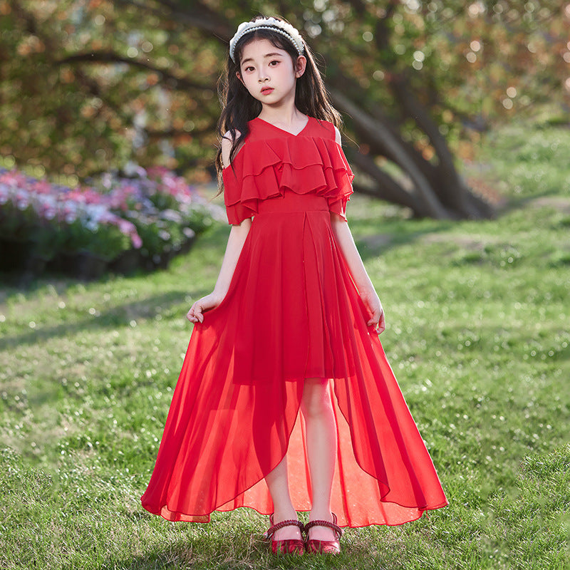 Children's Middle Big Chiffon Summer Front Short Back Long Children's Dress