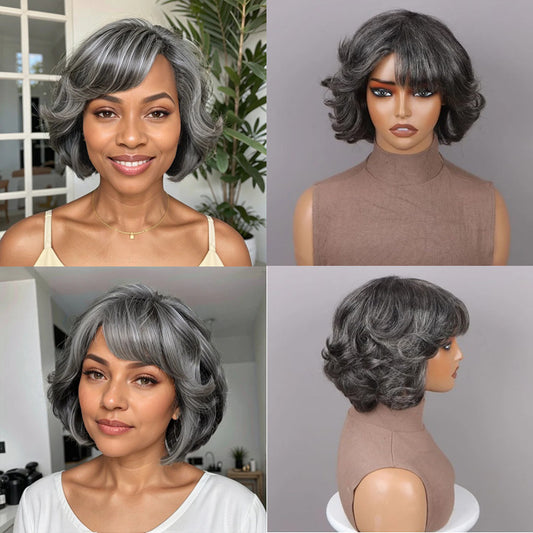 Human Mechanism Short Dark Gray Light Granny Grey Wave Curly Real Hair Wig