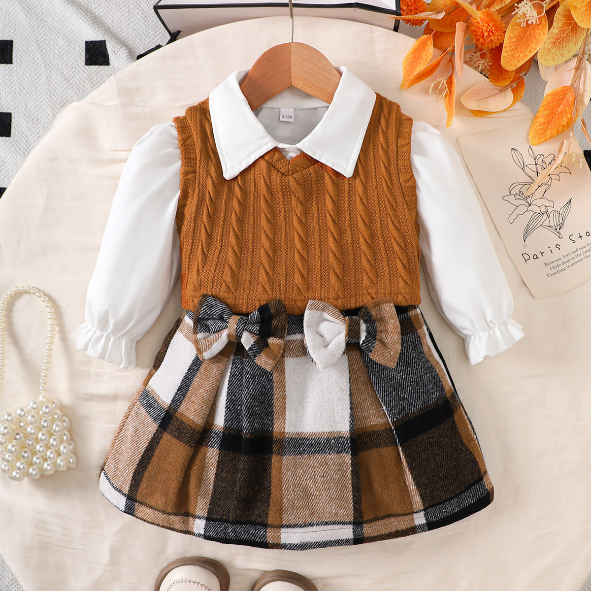 Autumn Preppy Style Long Sleeve Inner Fir Plus Sleeveless Sweater Children's Suit