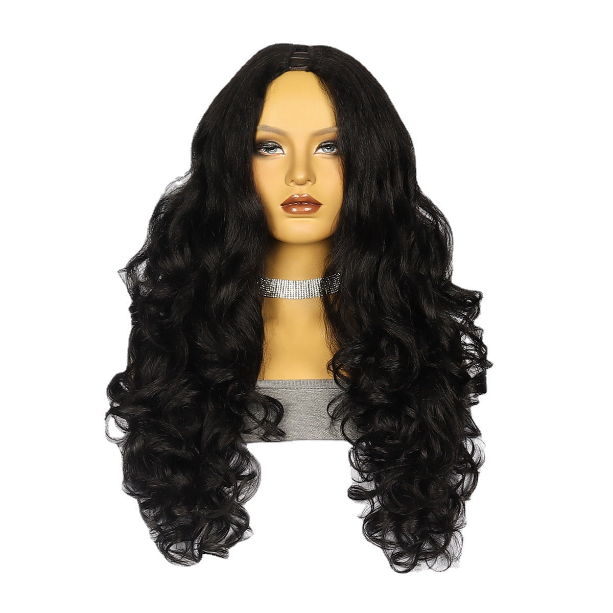 Women's Chemical Fiber Half Headgear Black Fluffy Wig Long Curls