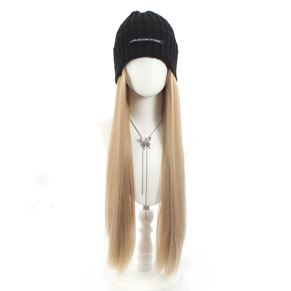 Hat Integrated Black Knitted Beret Golden Long Straight Hair Chemical Other Wig