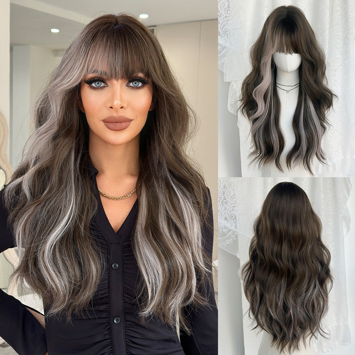 Black Tea Brown Straight Bangs Curly Wig Long Curls