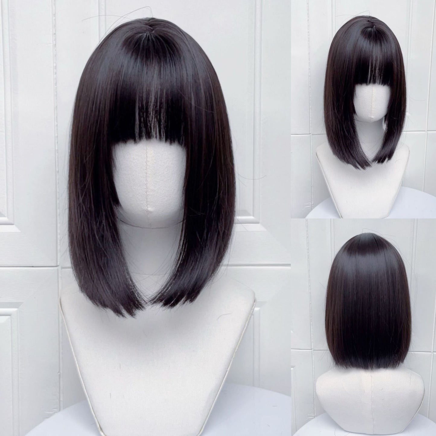Female Black Brown Air Bangs Simulation Round Wig Short Straight Hair