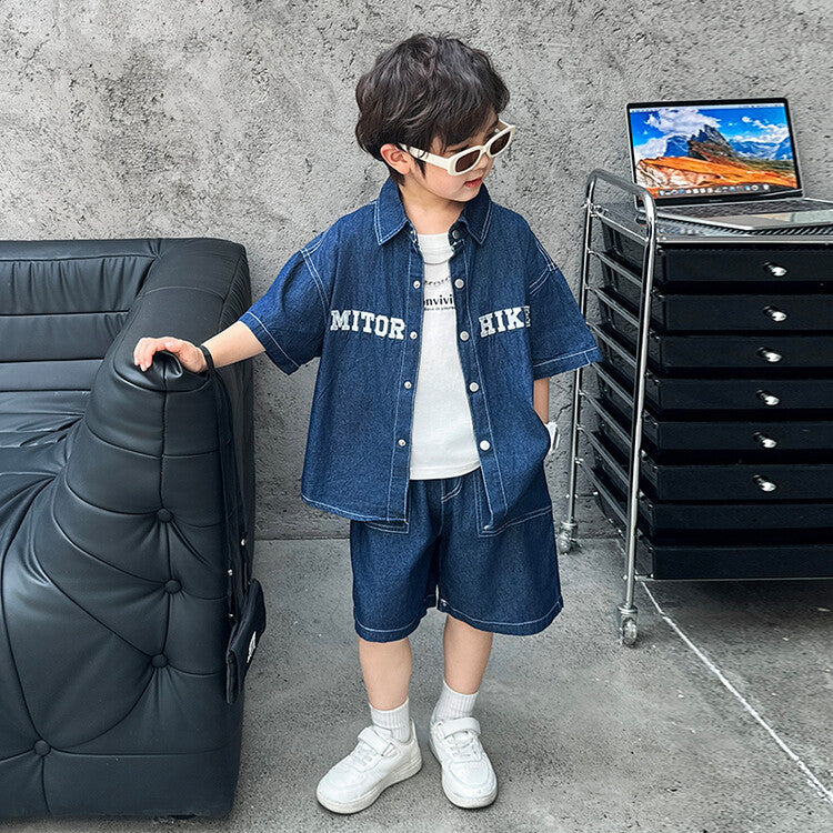Children's Summer Letters Denim Handsome Trendy Clothing Wear Children's Suit