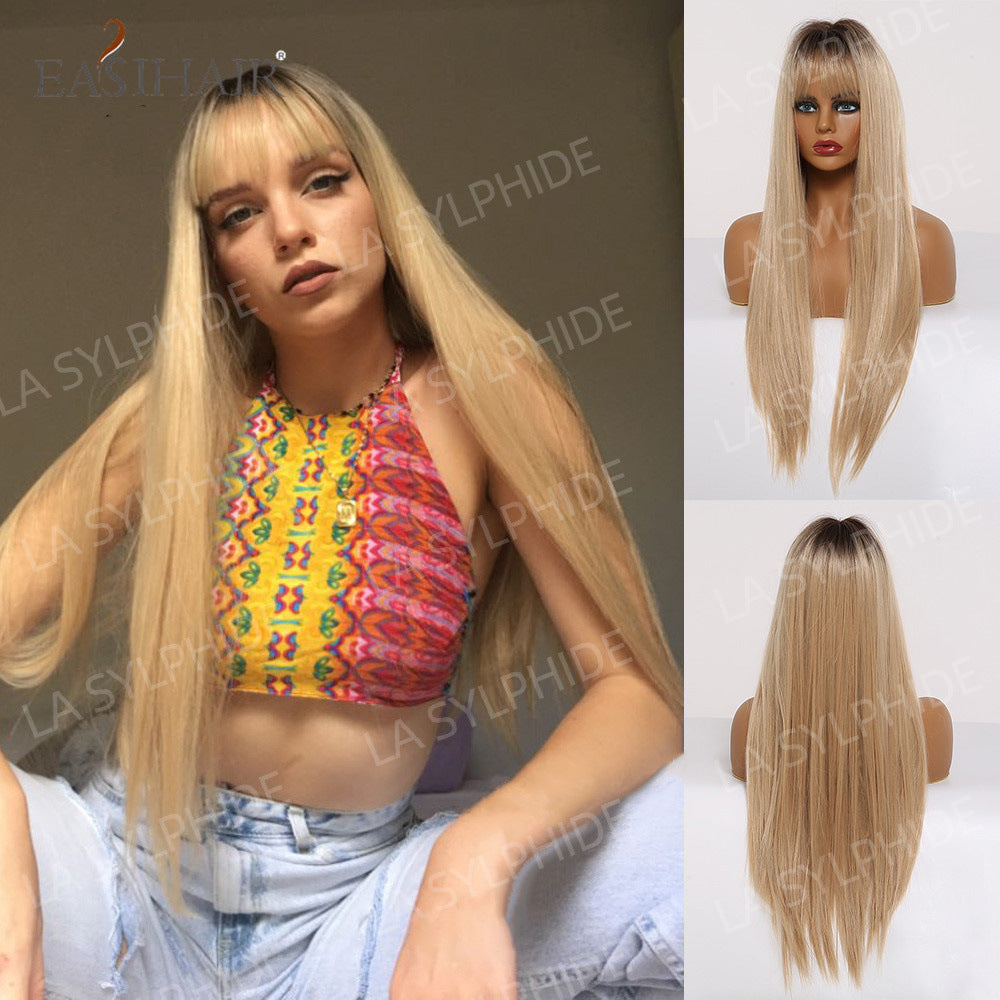 Color Hair Air Bangs Female Mechanism Whole Head Long Straight Wig