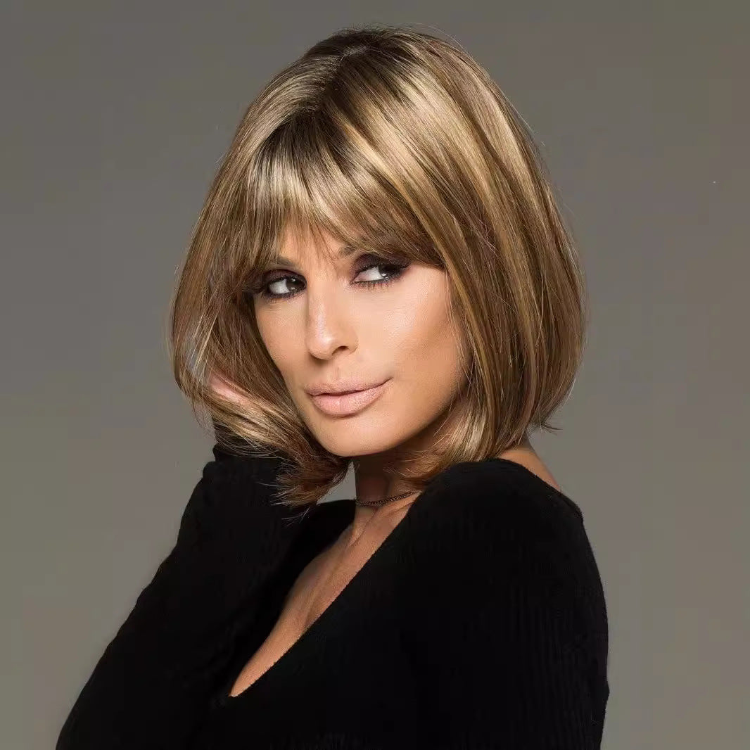 Golden Brown Side Bangs Linen Artificial Scalp Long Straight Wig