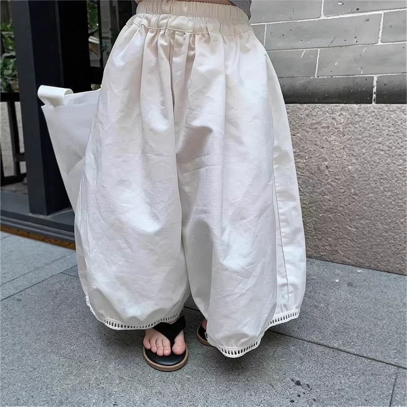 Casual Western Style Cool Popular Korean Sweet Hollow Lace White Children's Pants