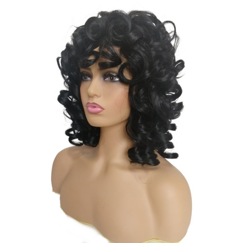 Women's Black Curly Hair Fiber Bangs One Wig Long Curls