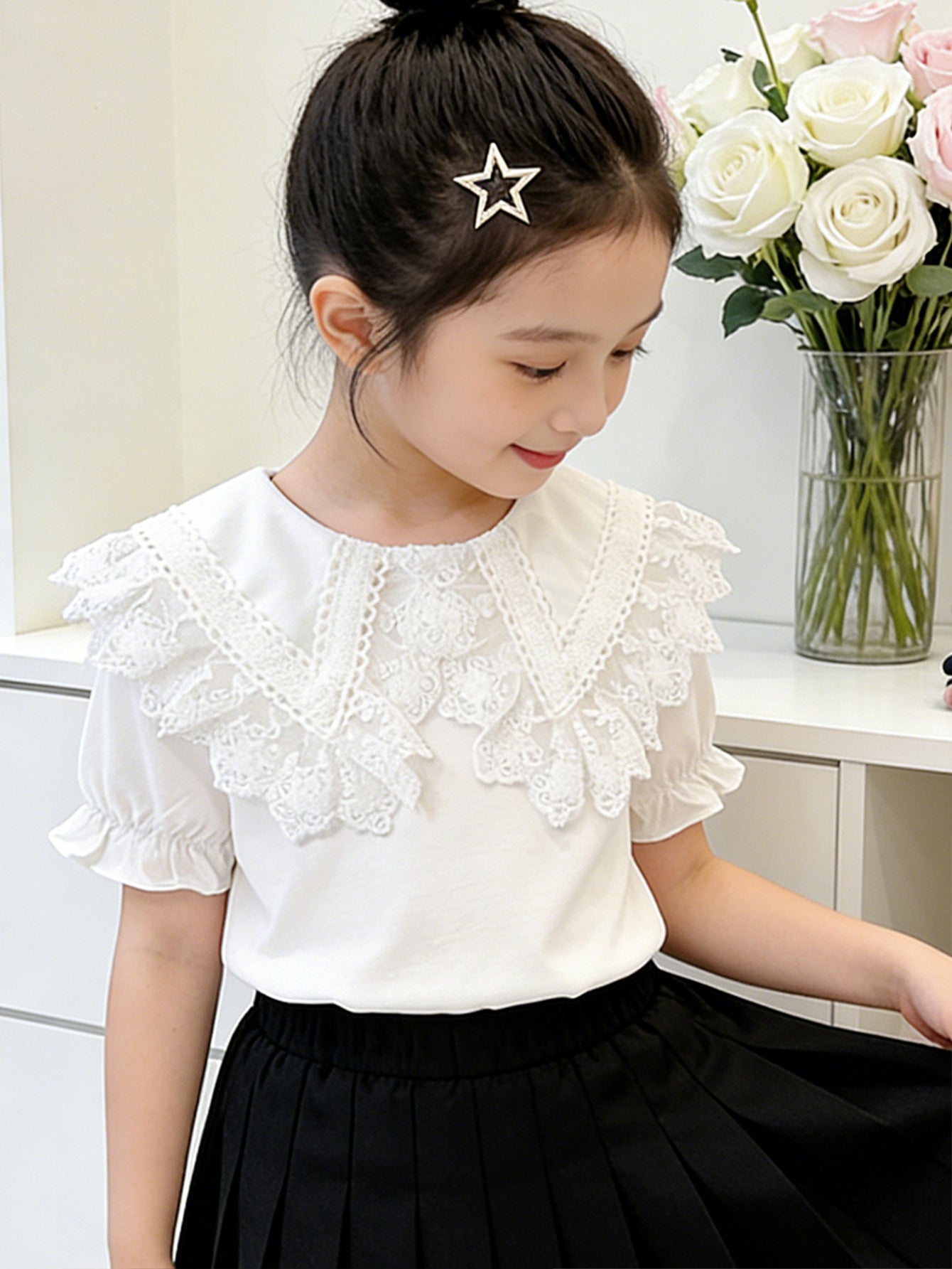 Children's Ice Porcelain Cotton Short-sleeved Shirt Summer Little Lace Collar Children's T-shirt