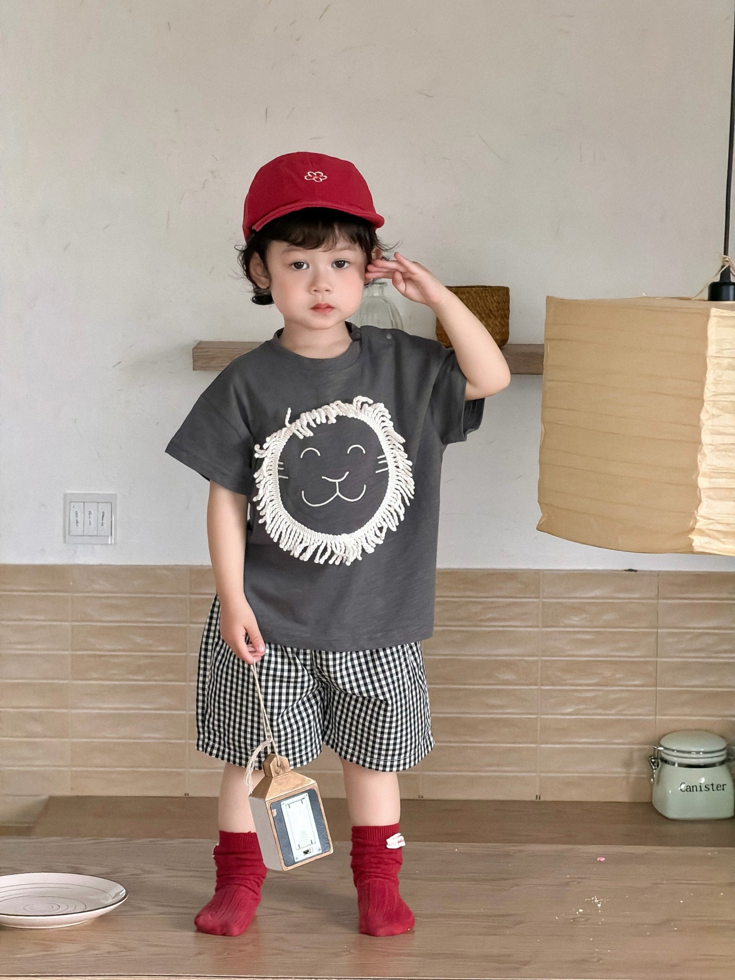 Children's Clothing Summer Clothes Korean Style Cartoon T-shirt Plaid Children's Suit