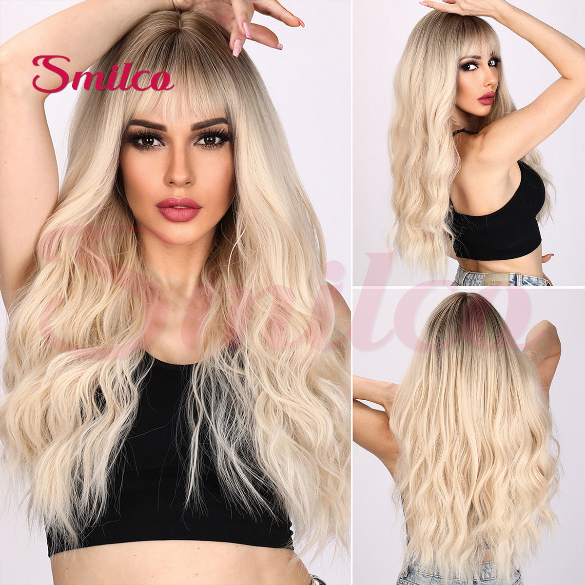 Fashion Golden Wave Bangs Straight Hair Wig Long Curls
