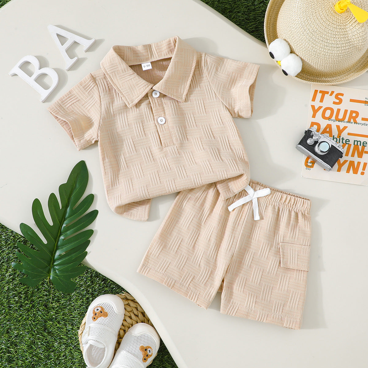 Boy Jacquard Short Sleeve Polo Collar Top Shorts Summer Daily Children's Suit
