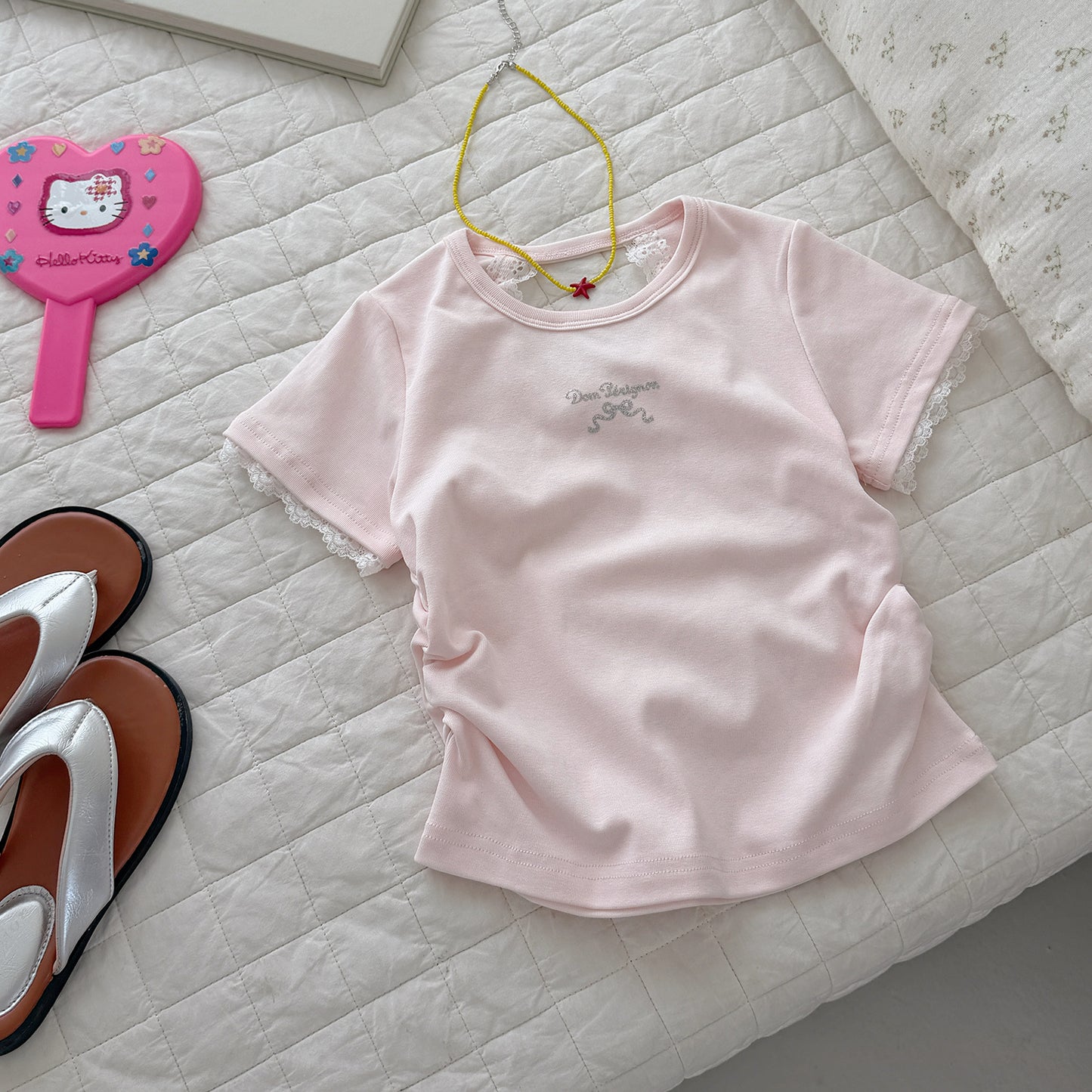 Children's Xie Summer Short-sleeved Lace Solid Color Bottoming Children's T-shirt