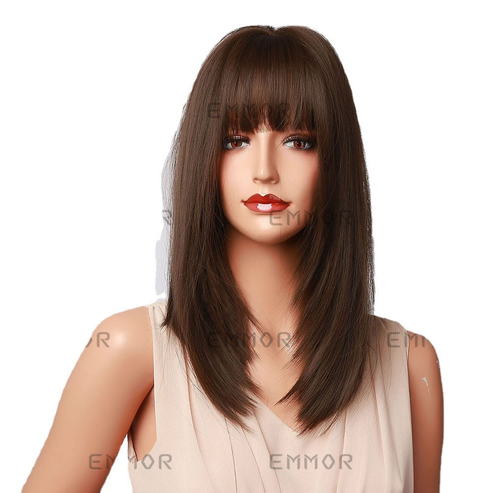 Black Brown Shoulder Hair Curling Modified Face Long Straight Wig