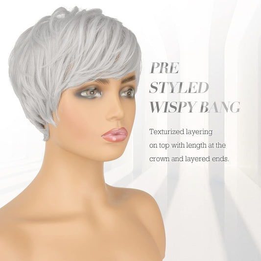 Women's Fashion Synthetic Wigs Gray White Split Wig Short Straight Hair